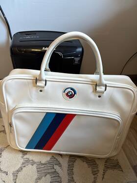 80222445947 Bmw Rare Nwt Mint White Red Blue Stripe Motor Sport Canvas Bag. Auth Code