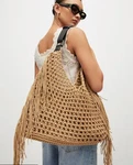 All Saints Sabine Macrame Crochet Fringed Shoulder Bag Almond Cotton Black Strap. Fixed Price $199.99.