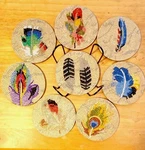 Set Of 8 Diamond Art 4" Wooden Coasters "feathers" Design & Iron Holder. Fixed Price $22.85.