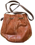 Vintage Lj Simone Purse Brown Leather Studded Bucket Bag Cross Body Drawstring. Fixed Price $34.99.