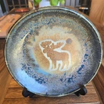Stoneware Pottery Moose Plate Underglazed Blue Brown Green Cabin Nature Rustic. Fixed Price $12.99.