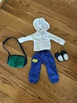 4-PIECE American Girl Outfit White Hoodie, Blue Track Pants, Shoes & Green Bag. Fixed Price $20.00.